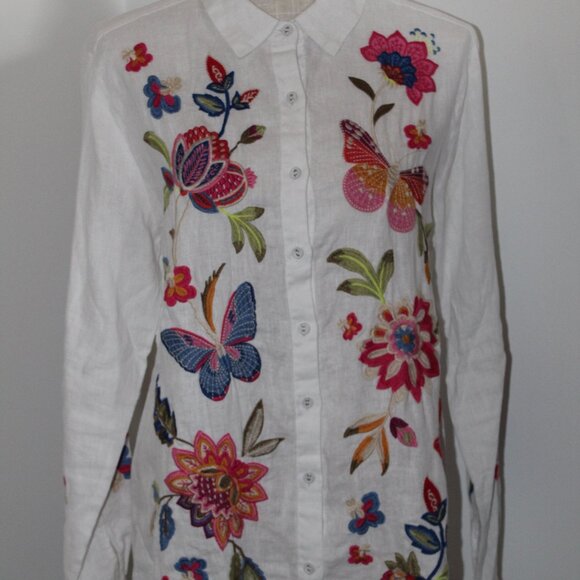 Johnny Was White Floral Embroidered Button Down Shirt - Picture 3 of 9